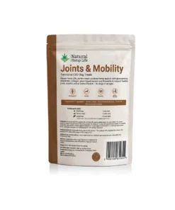 CBD-koiranherkut Joints & Mobility pussin takapuoli, jossa ainesosat, analyyttiset ainesosat ja annosteluohje