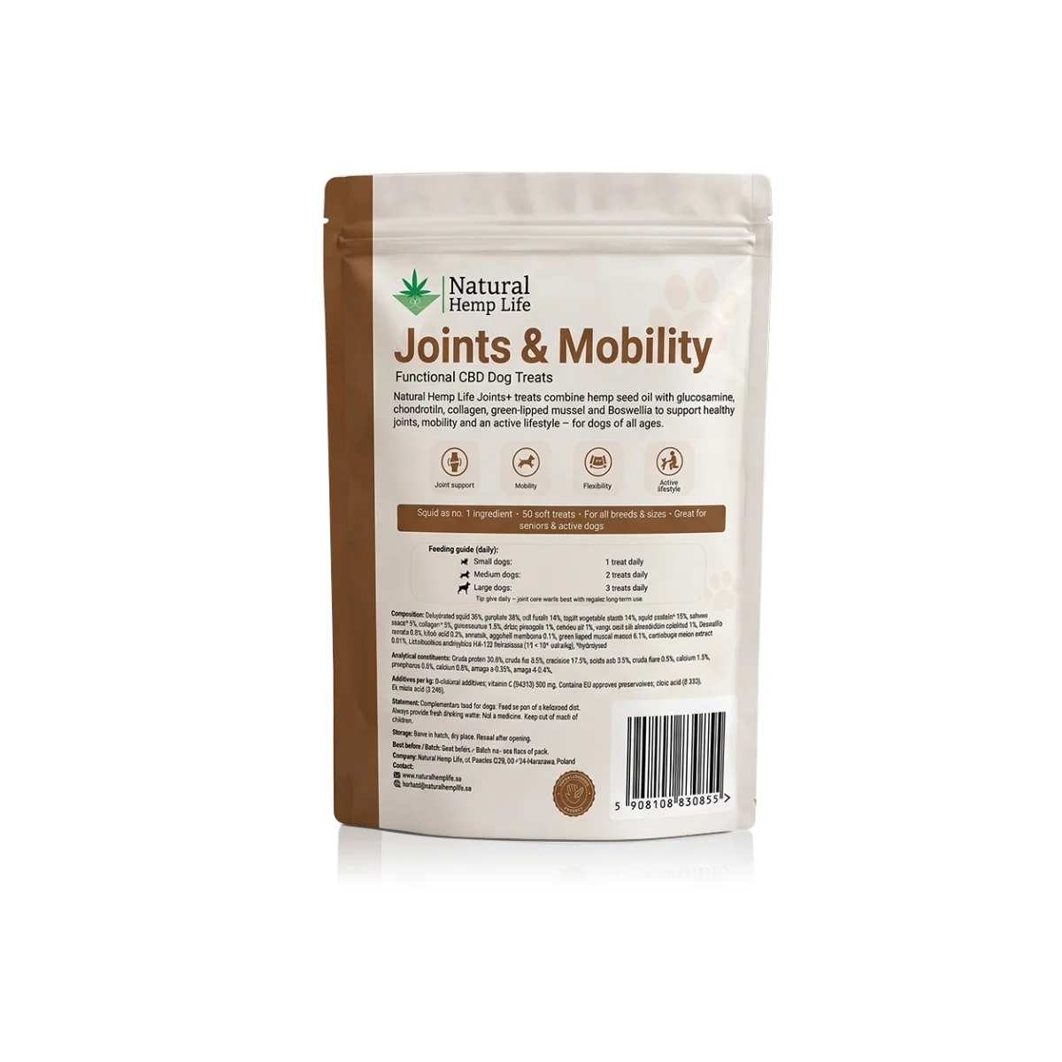 CBD-koiranherkut Joints & Mobility pussin takapuoli, jossa ainesosat, analyyttiset ainesosat ja annosteluohje
