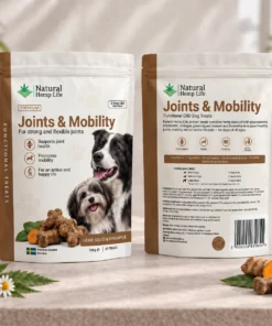CBD-koiranherkut Joints & Mobility 125mg pussin etu- ja takapuoli, Natural Hemp Life