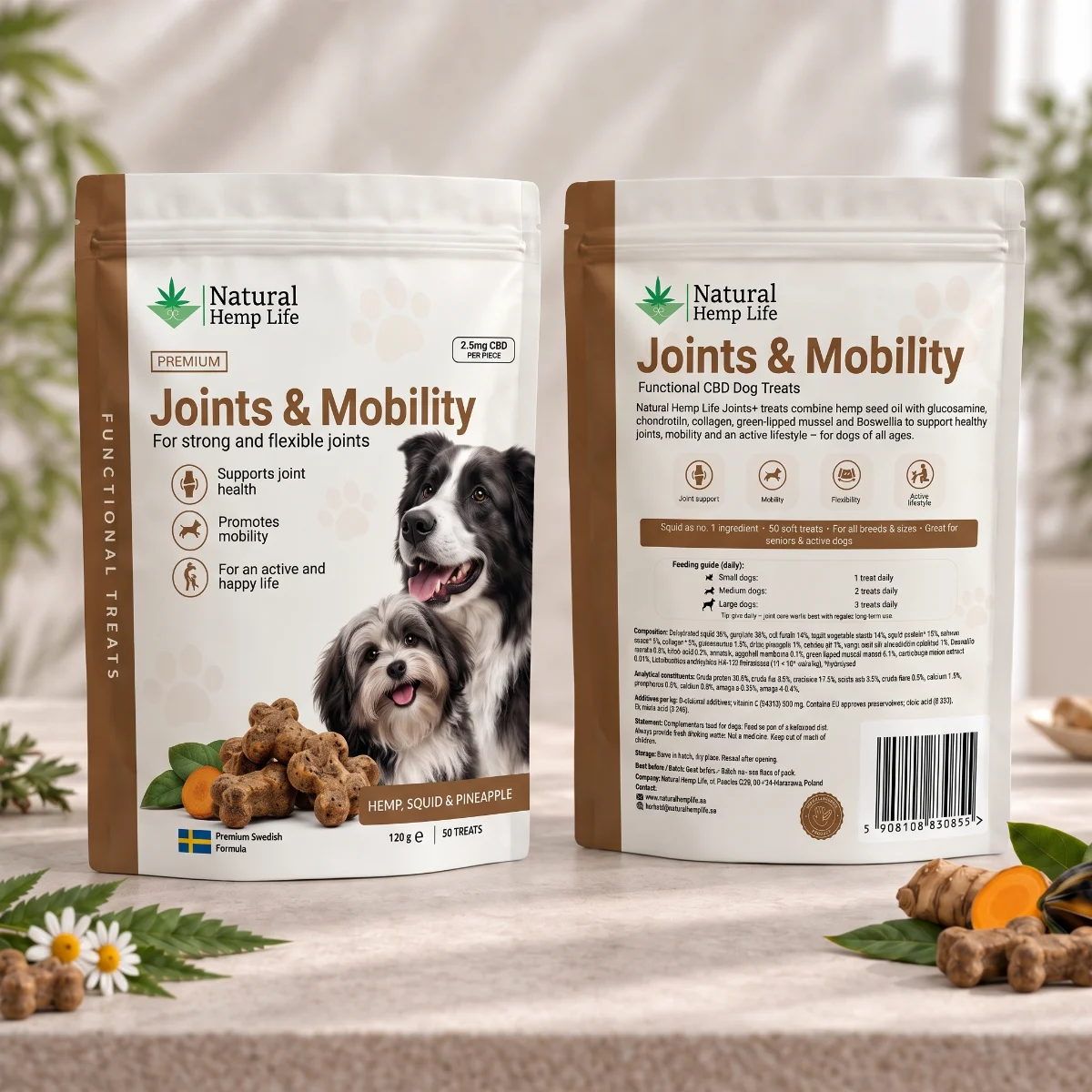 CBD-koiranherkut Joints & Mobility 125mg pussin etu- ja takapuoli, Natural Hemp Life