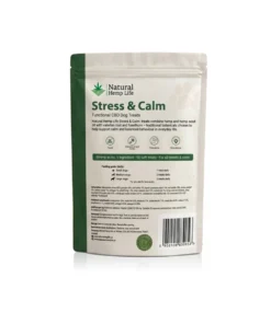 CBD-koiranherkut Stress & Calm pussin takapuoli, jossa ainesosat, analyyttiset ainesosat ja annosteluohje