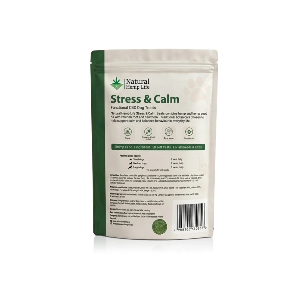 CBD-koiranherkut Stress & Calm pussin takapuoli, jossa ainesosat, analyyttiset ainesosat ja annosteluohje
