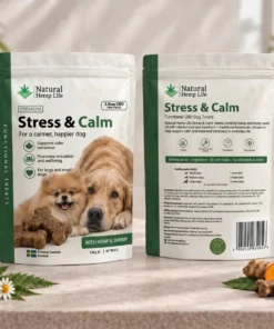 CBD-koiranherkut Stress & Calm 125mg pussin etu- ja takapuoli, Natural Hemp Life
