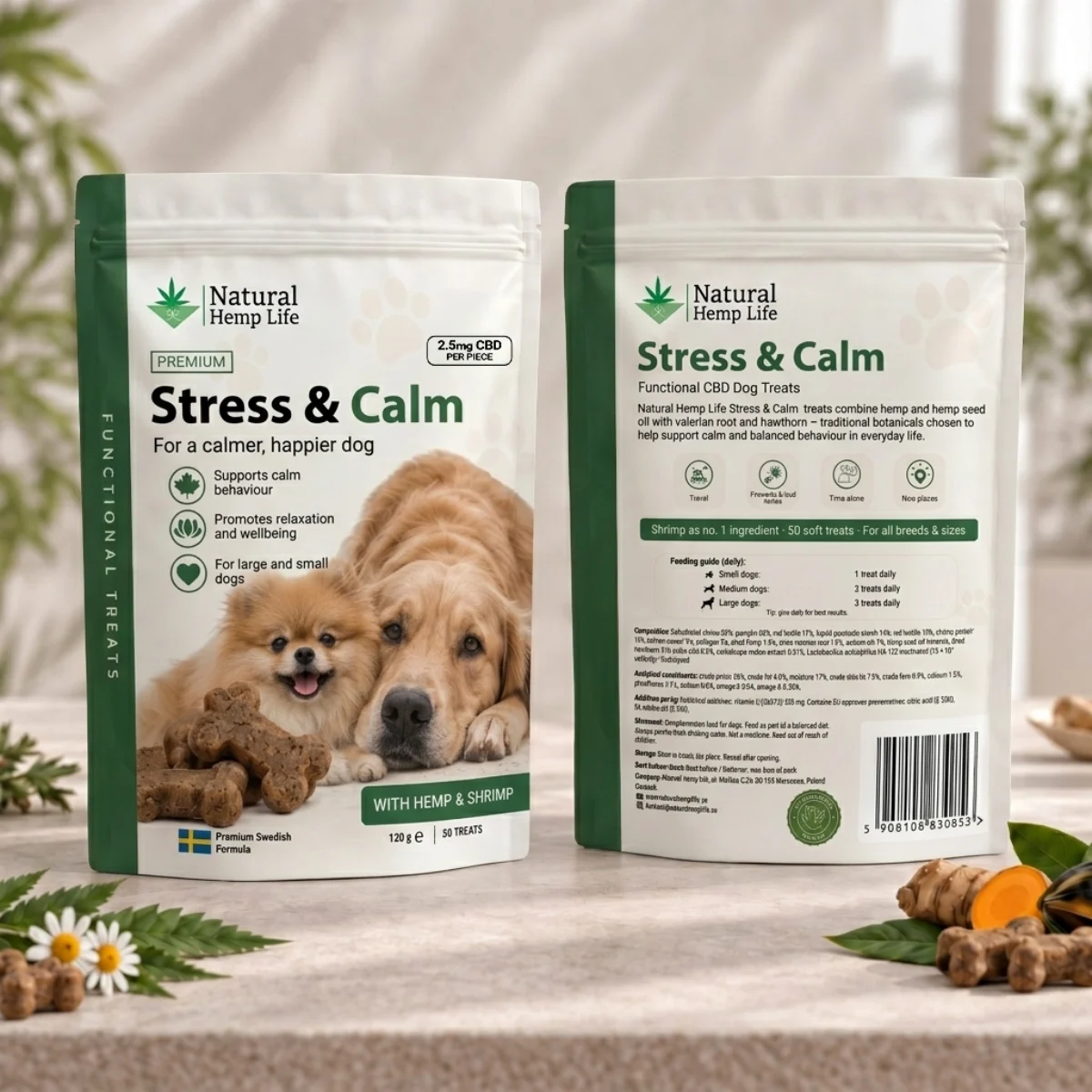 CBD-koiranherkut Stress & Calm 125mg pussin etu- ja takapuoli, Natural Hemp Life